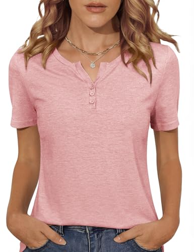 Totatuit Women's Summer Short Sleeve V-Neck Solid Top Elegant Top with Buttons Details for Simple and Refined Style