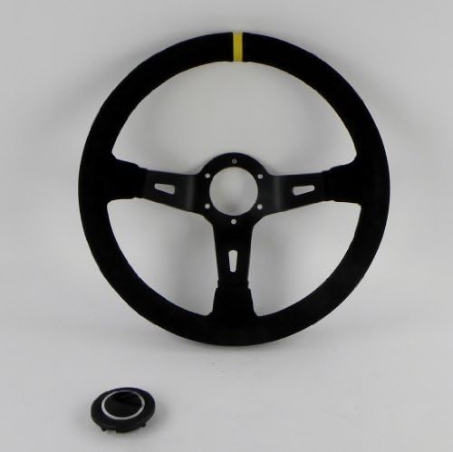 Sport Line Racing Steering Wheel - Racing 3-350mm (13.78 inches) - Black Suede Leather with Yellow Stripe - Black Spokes - 90mm (3.54 inch) Deep Dish - Part # 20189/1/S