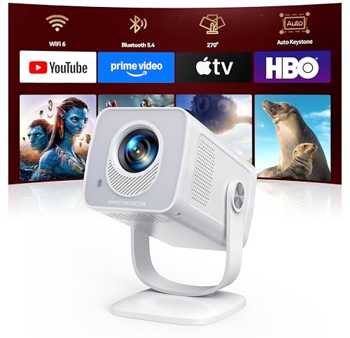 [Android 14|Short Optics]WIFI6 Projector and Portable Projector Bluetooth 5.4 Two-Way Support 1080P 4K Mini Video Projector Car Keystone 270° Rotation for Outdoors/Phones/HDMI/USB/TV Stick