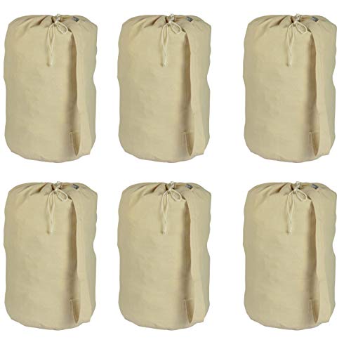 Accent Home Cotton Canvas Printable Laundry Draw String Plain Bag 6 Pc Pack LARGE 15x28" (Dia x H) for Heavy Duty and Extra Space with Sturdy Handle for Shoulder Carrying