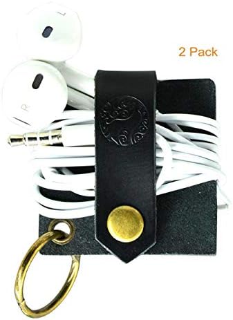 CAILLU Headphone KeyChain Tiny Leather gadget,Power Cord Organizer,Earphone Headset Wrap Winder,Cord Manager,Phone Black Headphone case holder USB Cable Ties,Cable earbud case 2 Pack