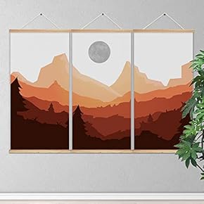 3 Panel Hanging Poster Wooden Framed Sun and Mountain Home Wall Canvas Prints Ready to Hang - 18"x36"x3 Panels
