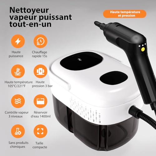 Nettoyeur Vapeur, Nettoyeur Vapeur Portable, Chauffe Rapide en 15s, 3 Niveaux de Réglage, 1,4L Steam Cleaner, Nettoyeur Vapeur Haute Pression Pour Maison, Cuisine, Salle de Bain, Auto, Sols, Meubles