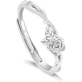 Tiny Rose Flower S925 Sterling Silver Ring - Adjustable Stacking Floral Leaf Knuckle Joint Finger Rings Open Thin Statement Wedding Engagement Promise Band Cute Birthday Jewelry for Women Daughter