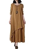 Mordenmiss Women's New Cotton Linen Long Sleeve Layered Dress Orange, One Size