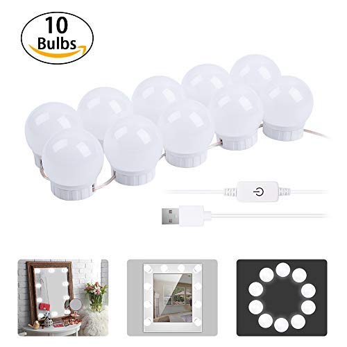 Hollywood Style Vanity Mirror LED Lights Kit with 10 Dimmable Light Bulbs, USB Powered and Touch Control, Lighting Fixture Strip for Makeup Vanity Table Set in Dressing Room (DIY Install, No Mirror)