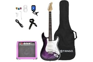 STRINGO Purple Electric Guitar Beginner Kit Full Size 39 Inch Set Includes Tremolo Guitar, 20W Amplifier 3 Picks, Shoulder Strap, Tuner, Bag Case