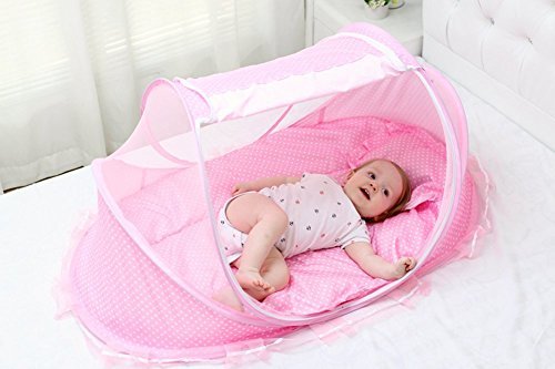 AUMEY Baby Travel Bed Crib Mosquito Ded Portable Baby Bed Folding Baby Mosquito Net Portable Baby Cots for 0-18 Month Baby (Pink)