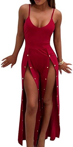 Sunfury Plus Size Jumpsuit for Women Sexy Button Snap Slit Front Wide Leg Palazzo Pant Rompers Clubwear Red XL