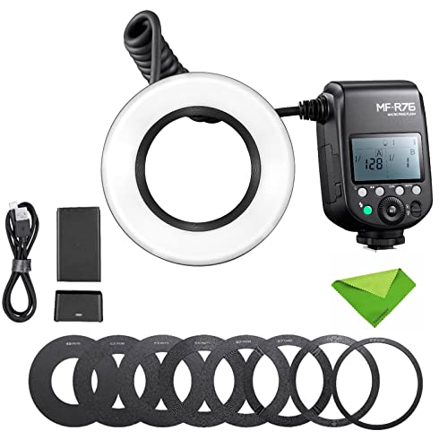 GODOX MF-R76 Makro-LED-Ringblitz Speedlite 76 Ws 660 Blitze mit voller Leistung Dual-Blitzröhren Leistungsanpassung 1/128 bis 1/1 10 Stufen des Leistu