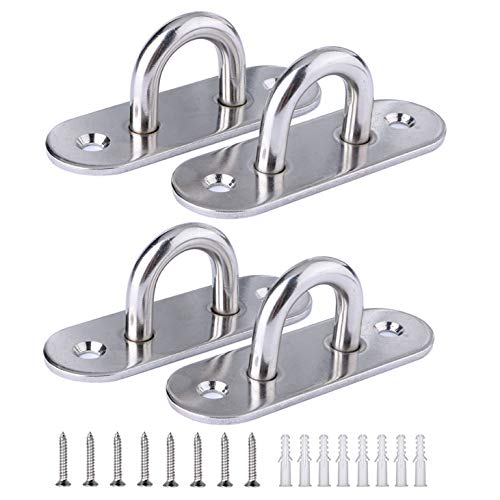 XNJIHWA 4Pcs Oblong Pad Eye Plate M6 304 Stainless Steel Marine Hardware Staple Ring Hook Hardware Loop with 8 Screws and Plastic Plugs for Deck/Wall/Boat