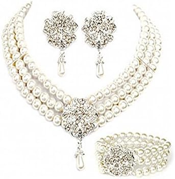 Three rows of pearl diamond necklace bracelet earring set clover bride ear clip section