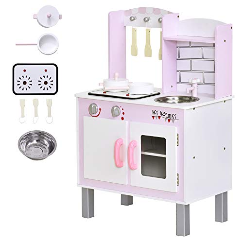 HOMCOM Kinderküche mit Zubehör Herde Spielzeugküche Spielküche Kinderküche Holz 3 Jahre+ Spielzeugküche für Kinder…