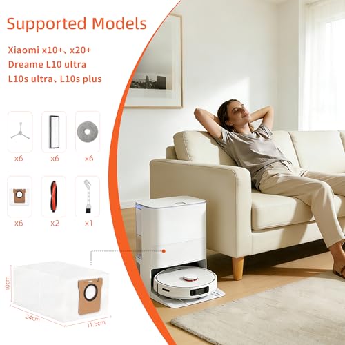 Replacement Accessories Kit for Xiaomi Robot X20 Plus and X10 Plus, Compatible with Dreame L10s Ultra, 27 Pieces with 2 Main Brushes, 6 Bags, 6 Mop Cloths, 6 Side Brushes and 6 Filters, 1 Brush