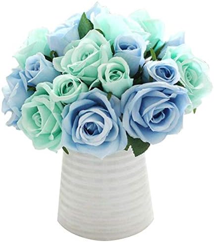CQURE Artificial Flowers, Fake Flowers Silk Plastic Artificial Roses 9 Heads Bridal Wedding Bouquet for Home Garden Party Wedding Decoration (Blue)