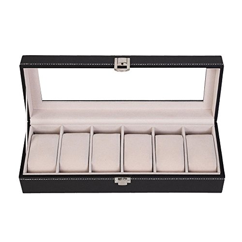 Bonnlo Premium Watch Box Slots Jewelry Case Organizer Faux Leather Display Storage Box Lockable Watch Case Clear Top With Velvet Pillow Slots Black (6 Slots)