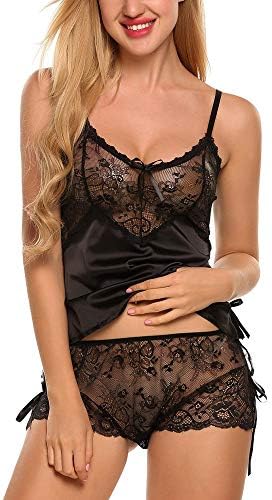 Women's Sleepwear Set Sexy Satin Cami and Shorts Lace Pajamas Nightwear