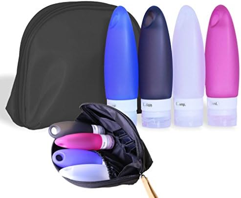 FullPlus TSA Approved Portable Silicone Travel Bottles Set with Black Cosmetics Bag, TSA Approved (3.3 oz,Pack of 4)
