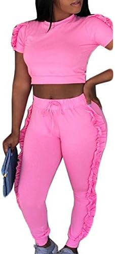 LAFASO Women 2 Pieces Outfits Short Sleeve Crop Top and Long Flounced Pants Sweatsuits Set Tracksuits Pink L