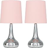 MiniSun Modern Chrome Teardrop Touch Table Lamps Pink Fabric Shades Set of 2 5W view 1