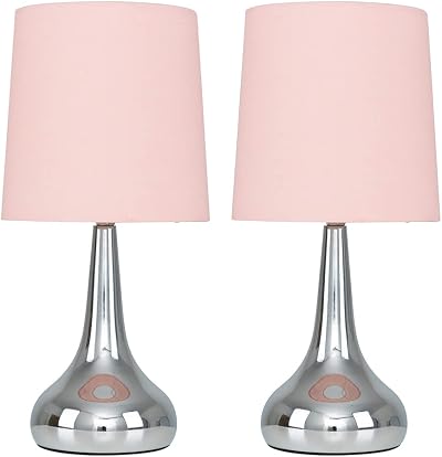 MiniSun Modern Chrome Teardrop Touch Table Lamps Pink Fabric Shades Set of 2 5W
