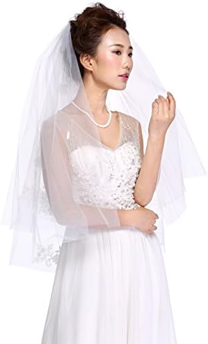 HailieStudio Handmade Women's 2 Tiers Fingertip Length Lace Wedding Veil (off white)