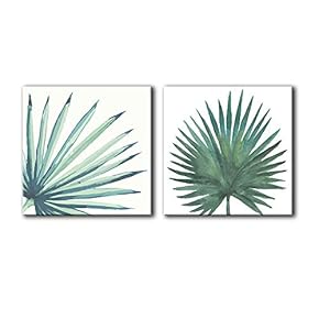 2 Panel Square Canvas Wall Art - Watercolor Style Tropical Green Leaves - Giclee Print Gallery Wrap Modern Home Art Ready to Hang - 12"x12" x 2 Panels
