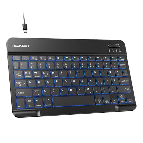 TECKNET German Bluetooth Keyboard for Tablet/iPad Mini/Pro/Air/10.2/10.9/iPhone/Android/Windows, iPad Keyboard with Lighting, Rechargeable, Portable, Wireless, Ultra Thin, Black