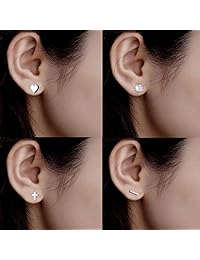 Ofeiyaa - Juego de 12 pares de pendientes de acero inoxidable con diseño geométrico de estrella, luna, cruz y triángulo, con forma de corazón, circonita cúbica transparente para mujeres y niñas, tono plata y oro rosa