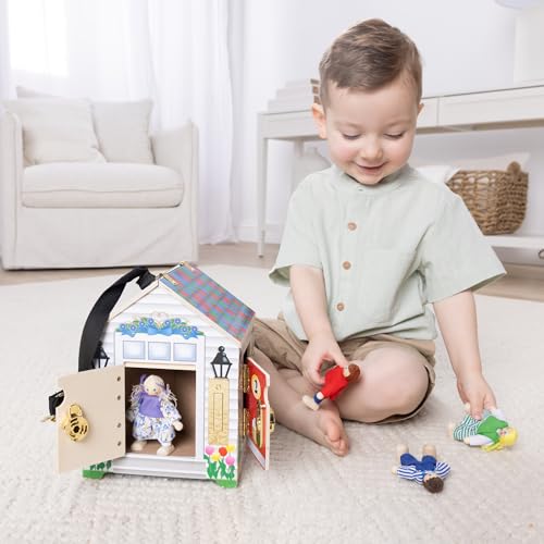 Melissa & Doug Take-Along Wooden Doorbell Dollhouse - Doorbell Sounds, Keys, 4 Poseable Wooden Dolls Portable Doll House, Doorbell House for Kids Ages 3+