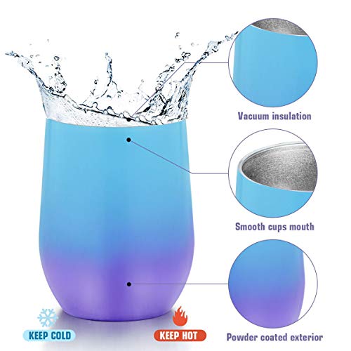 Fungun 12 oz Stemless Wine Tumbler, Stainless Steel Wine Glass, Insulated Tumbler with Lids for Wine, Coffee, Drinks, Cocktails, 2 Sets Including 2 Pieces Straws and Brush (Colorful2)