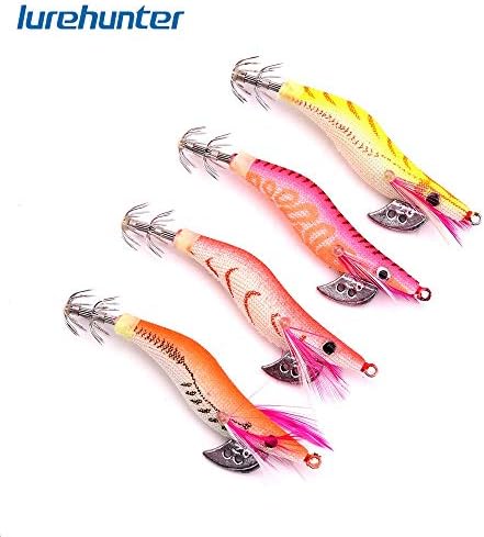 Lurehunter Squid Jigs 3.14in/0.28oz Fishing Saltwater Wrapped Prawn Lures Wood Shrimp Artificial Baits Kits (4 pcs)