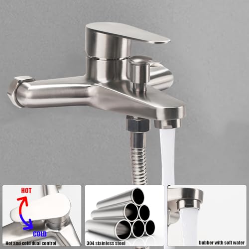 FALSKT Bath Tap with Hand Shower, Stainless Steel Bathtub Mixer, Wall Mounted Single Lever Shower Tap, Outdoor Shower Mixer Tap for Bathrooms, Tubs, Silver