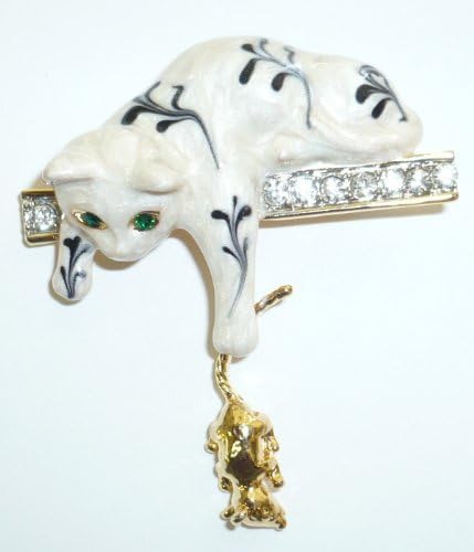 White Enamel Cat Holding Mouse Pin