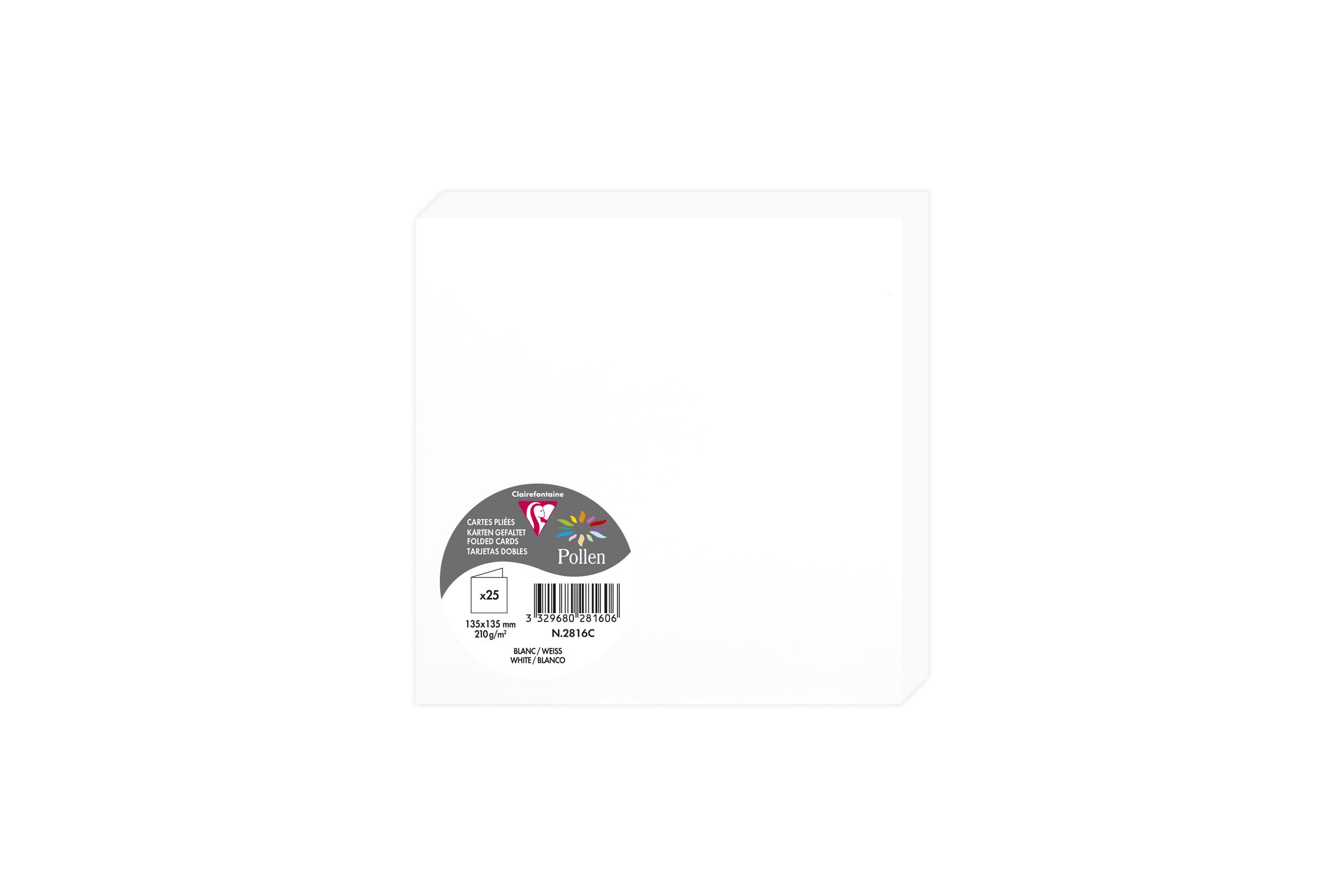Clairefontaine 2816C Pack of 25 Double Cards Square Format 13.5x13.5cm 210g/m² White Event Correspondence Invitation Cards Pollen Range Smooth Premium Paper