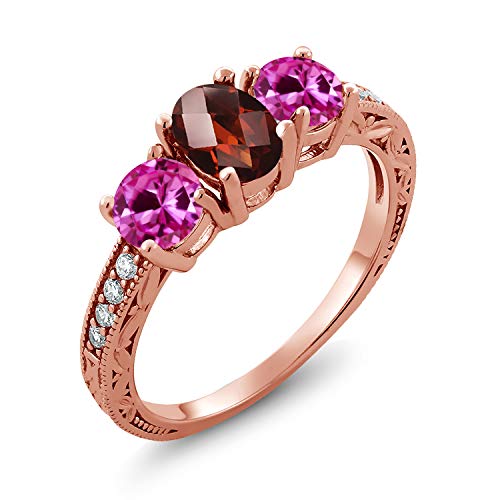 2.22 Ct Oval Checkerboard Red Garnet Pink Created Sapphire 18K Rose Gold Plated Silver Ring (Size 7)