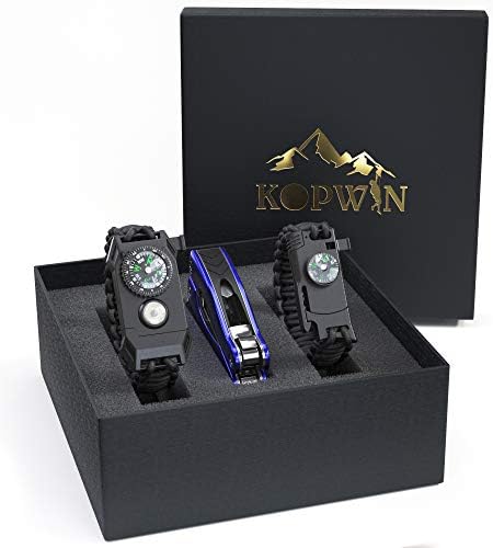 Kopwin Paracord Survival Bracelet Set - Bonus Keychain Multitool Included. Paracord Bracelet with Compass, Magnesium Flint Fire Starter, Emergency Whistle, Knife and Led Light. Set of 2. Green