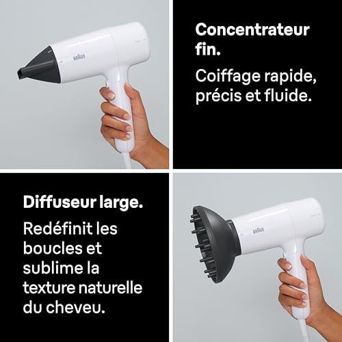 Sèche-Cheveux Braun HD2.21, Puissant avec Diffuseur et Concentrateur, Technologie IONTEC, Moteur 2200W avec 3 Réglages de Températures et 2 Vitesses, Finition Blanc Brillant, BRHD226