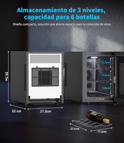 WIE Vinoteca Pequeña 6 Botellas - Mini Frigorífico con Puerta de Cristal 4–16°C, Enfriador de Vino con LED, Panel Táctil, 3 Niveles, <42 dB, para Casa, Bar, Dormitorio
