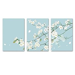 3 Panel Canvas Wall Art - Small White Flowers on Light Blue Green Background - Giclee Print Gallery Wrap Modern Home Art Ready to Hang - 16"x24" x 3 Panels