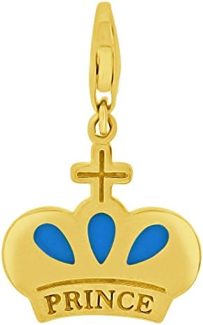 14k Yellow Gold, Prince Crown Pendant Charm Blue Enamel Resin Accents