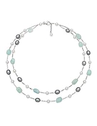 Plata de Ley perlas de agua dulce cultivadas y estación de aguamarina lechosa Tin Cup collar de cadena, 18", rodiado-plateado, Azul, QN-10766-AM