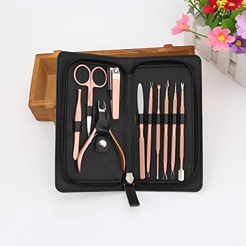 Manicure Pedicure Set Nail Clippers Travel Hygiene Kit Stainless Steel Nail Cutter Care Set Scissor Tweezer Knife Ear Pick Utility Tools Grooming Kits with Leather Case 10 in 1 (Black)