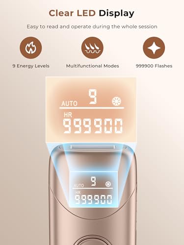 IPL Devices Hair Removal with Cooling Function, Laser Hair Removal with 9 Adjustable Energy Levels, 999900 Flashes & 600 NM Red Light, Painless IPL Hair Removal Device for Women & Men, Gold