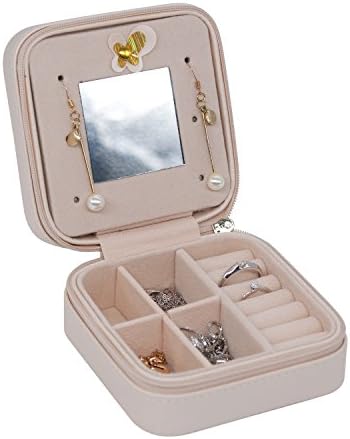 Girls Mini Travel Jewelry Case, Portable Premium Faux Leather Jewellery Storage Box with Three Layers for Necklace Ring Earring Bracelet Display with Mirror, Jewelry Organizer Gift for Ladies（Pink）