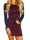Joeoy Women's Casual Long Sleeve Drawstring Striped Bodycon Hoodie Dress
