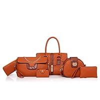 Auvem Fashion Pack of 6 Leather Bags, Women Shoulder Handbag Top Handle Satchel Multi-Purpose Purse Leatherette Bag Handle Structured Gift (Orange)