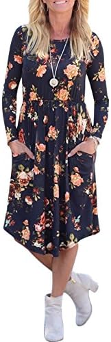 DAYSOFT Women Crew Neck Long Sleeve Empire Waist Floral Print A-line Casual Swing Midi Dress with Pockets