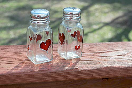 Red Hearts Hand Painted Glass Salt and Pepper Shakers Set