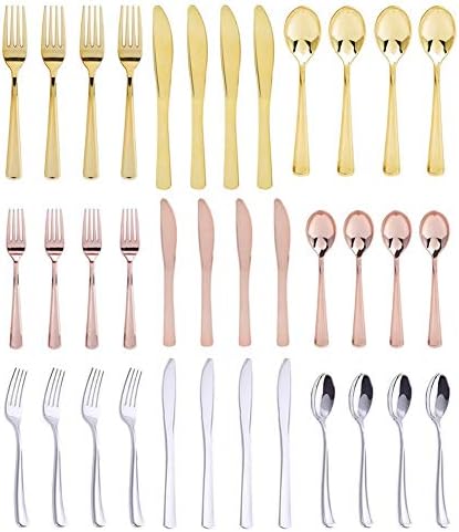 Gereton 12 pack Plastic Cutlery Set, Fancy Design Ice Cream Spoon Long handle Cutlery Flat Plating Gold Color Disposable Cutlery Western Dessert Cutlery